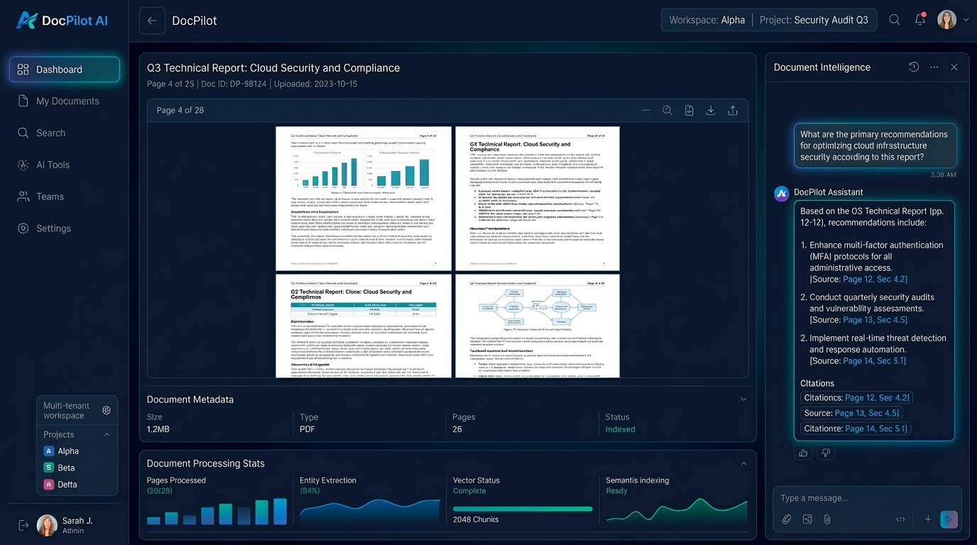 DocPilot AI — Multi-tenant dashboard with RAG-powered AI chat and citation tracking